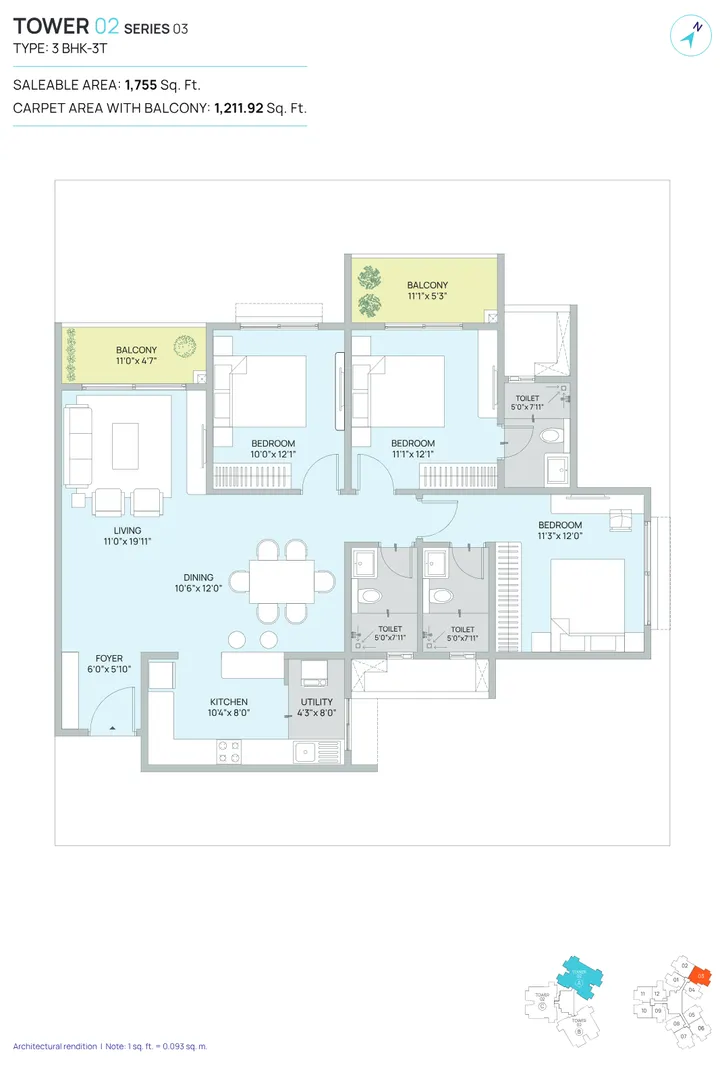 Century WinningKind 3 BHK 3t · 1,755 sq ft floor plan Century WinningKind 3 BHK 3t · 1,755 sq ft floor plan